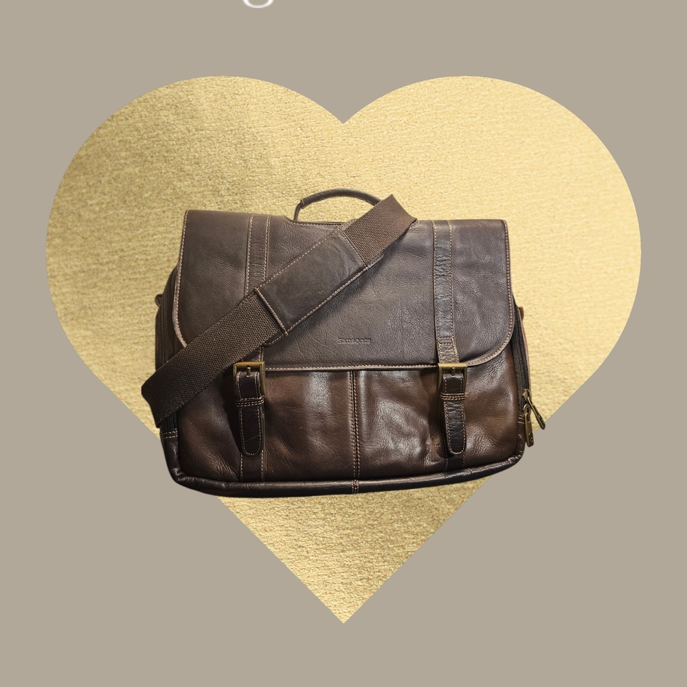 Samsonite Brown Leather Messenger Laptop Bag Shoulder Handbag Flapover Case Bag